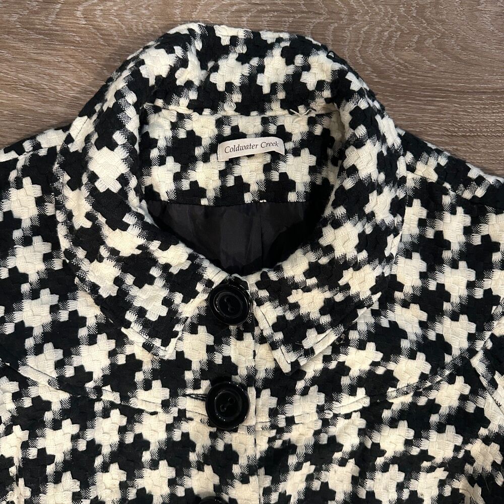 Black White Houndstooth Button Front Textured Pea Coat Jacket Women Size Large